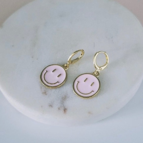Pink Round Smiley Face Earrings - Picture 2 of 3